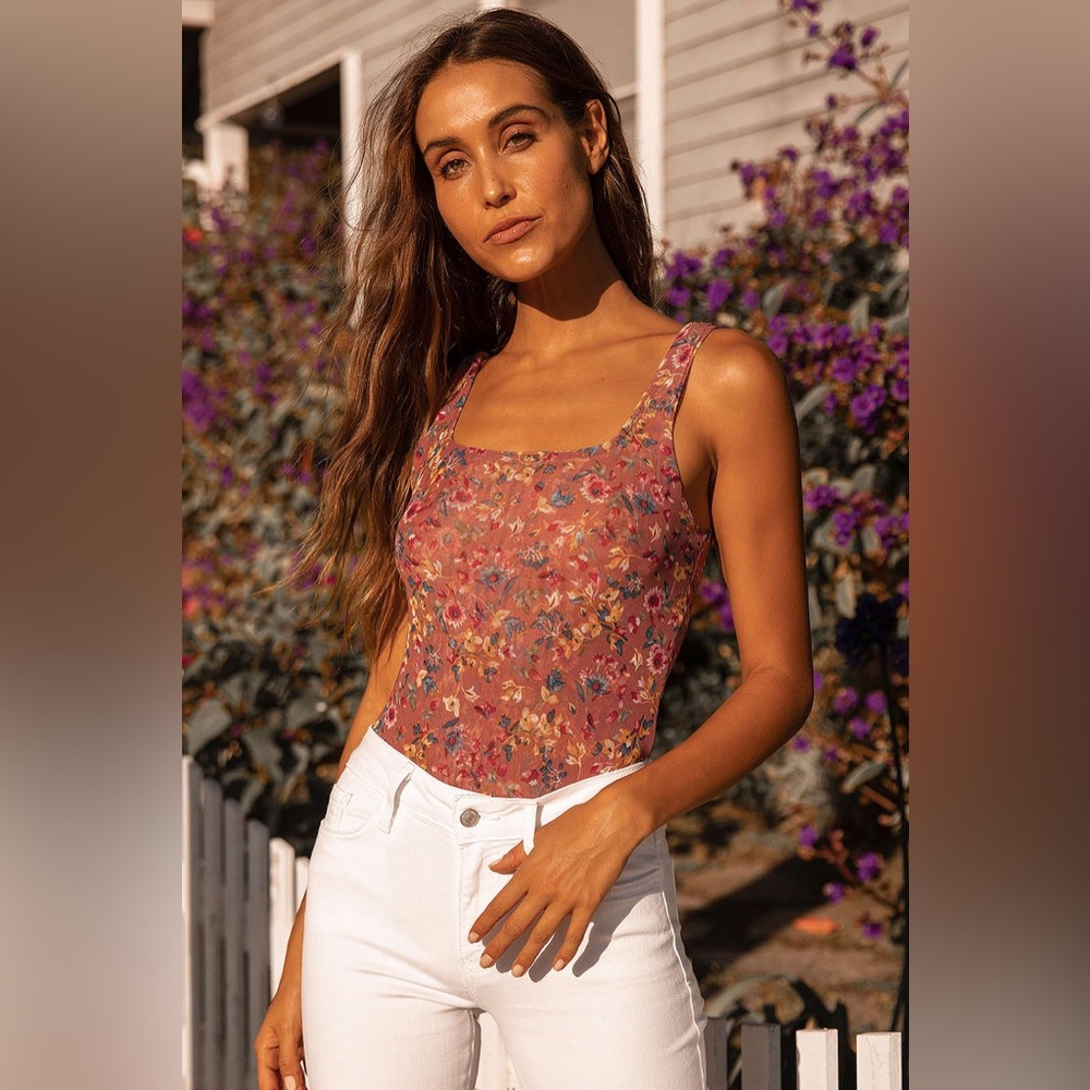 Lulus Love in the Garden Mauve Floral Print Mesh Bodysuit